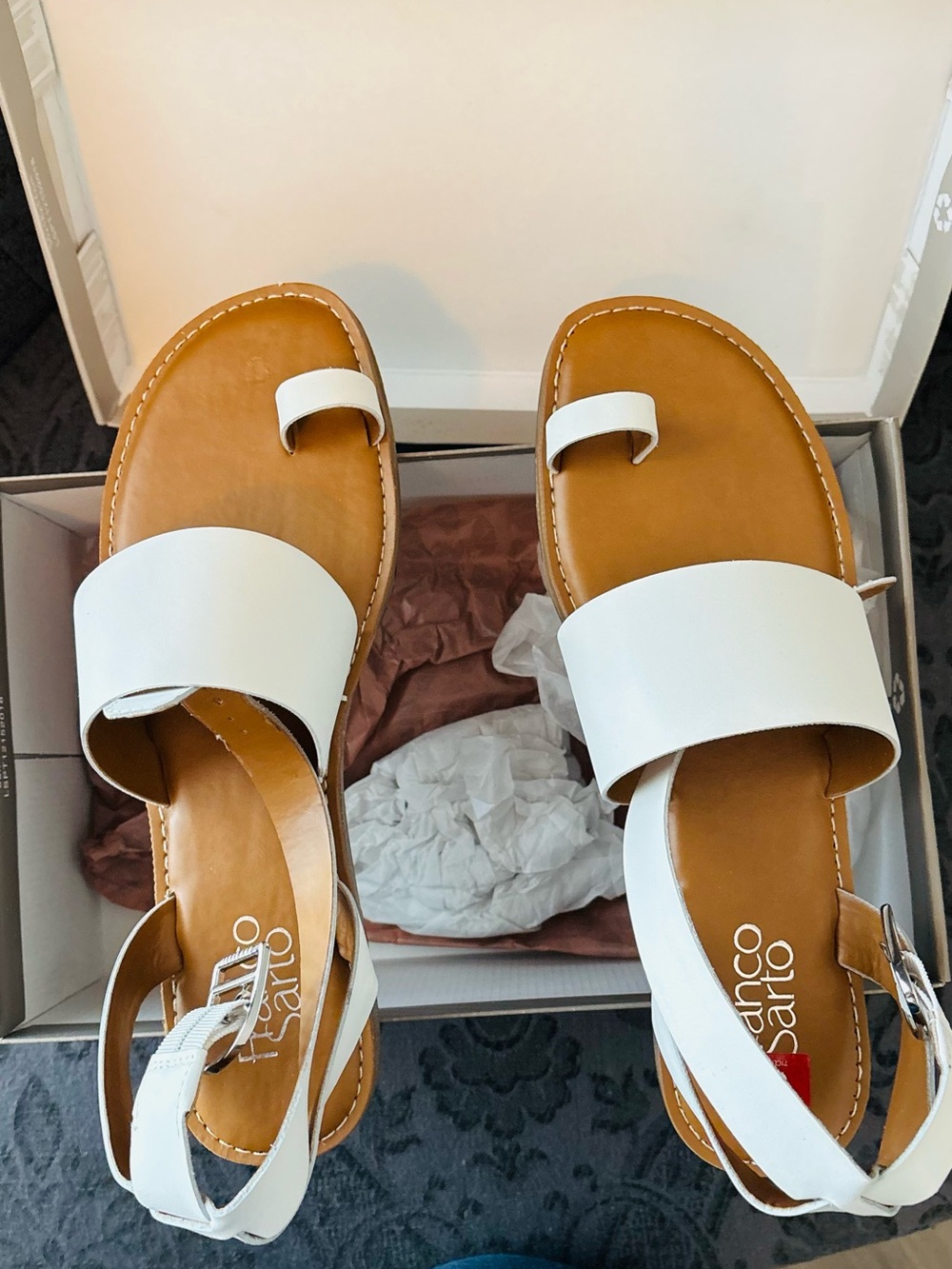 Franco Sarto White Leather Toe-Loop Slingback Sandals